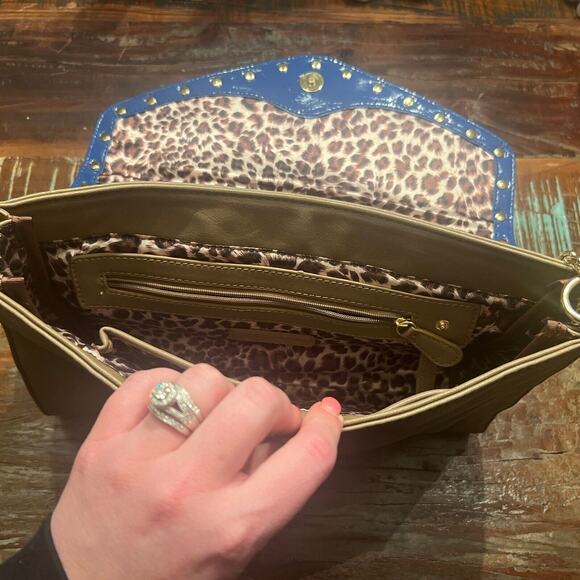 Kate Landry Tan Shoulder Bag Purse With Blue And Gold Accents Cheetah Lining - Picture 8 of 10